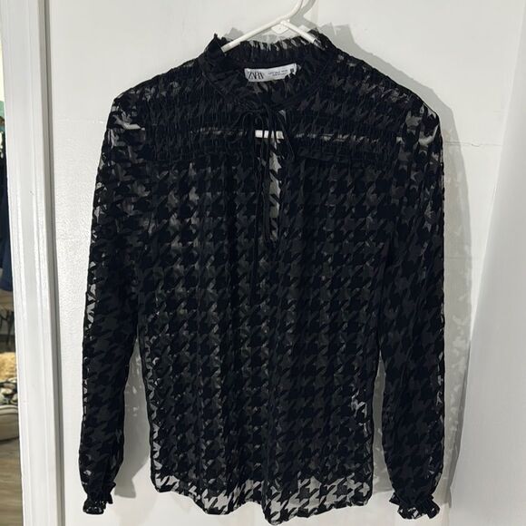 Zara Black Ribbed Buttoned Blouse with Mandarin Collar Size S - Picture 1 of 8